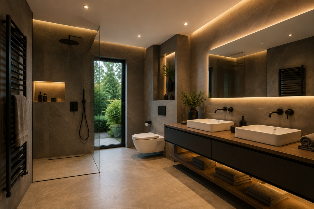 Construction et rénovation : salle de bains moderne avec douche et équipements sanitaires