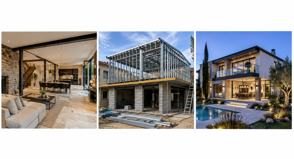 Rénovation intérieure, structure métallique légère et maison contemporaine haut de gamme