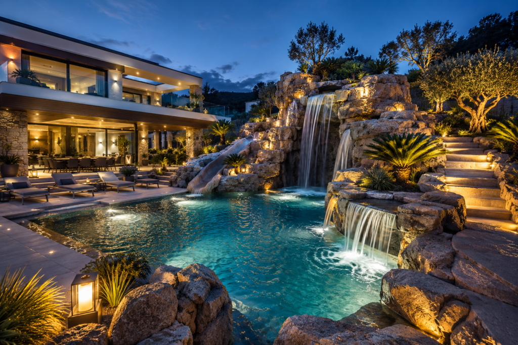 Piscine haut de gamme avec cascades, décors en fausse roche et aménagement paysager réalisés sur mesure