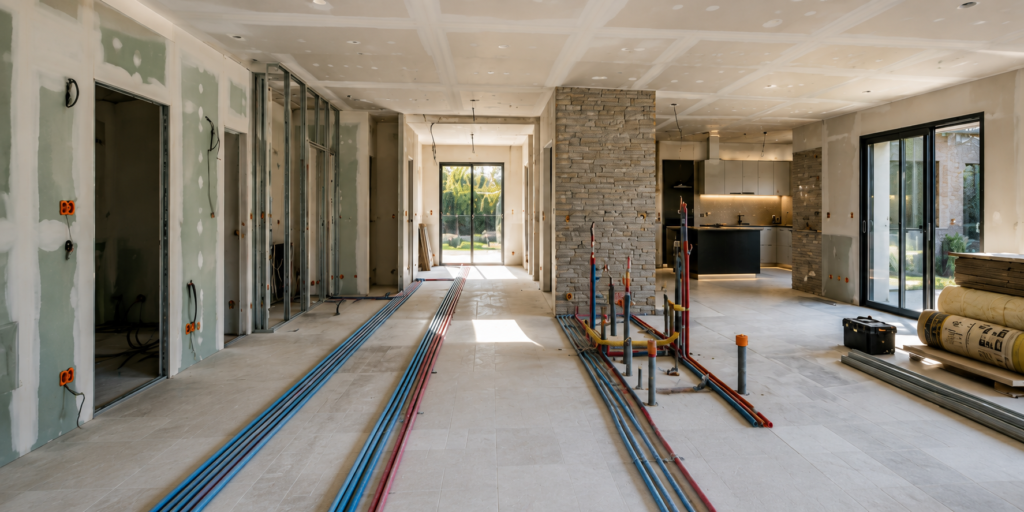 Réseaux de plomberie et d’électricité intégrés avant finitions lors d’une rénovation complète.