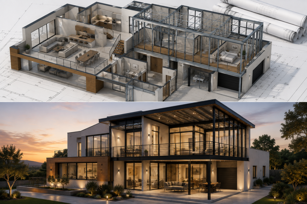 Visualisation 3D de l’aménagement intérieur et de la structure métallique légère d’une maison contemporaine