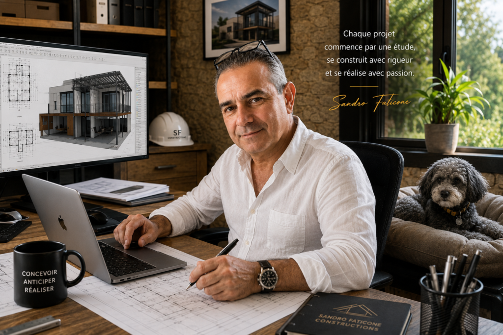 Sandro Faticone travaillant sur les plans et la conception d’un projet de construction avec son chien Titi