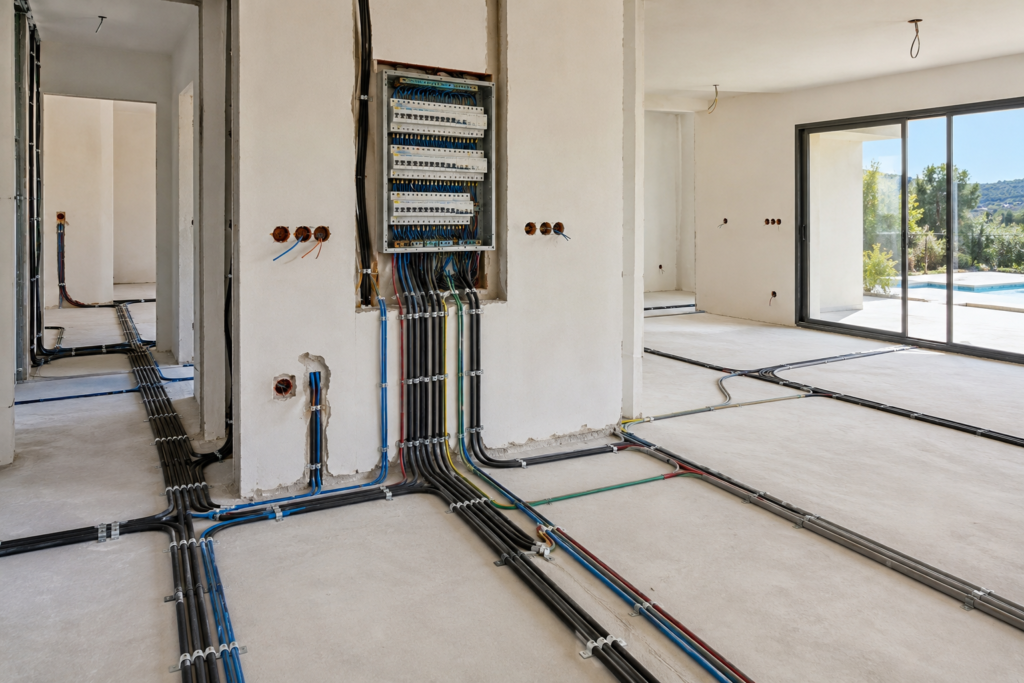 Installation électrique complète avec tableau de distribution et câblage organisé dans une villa