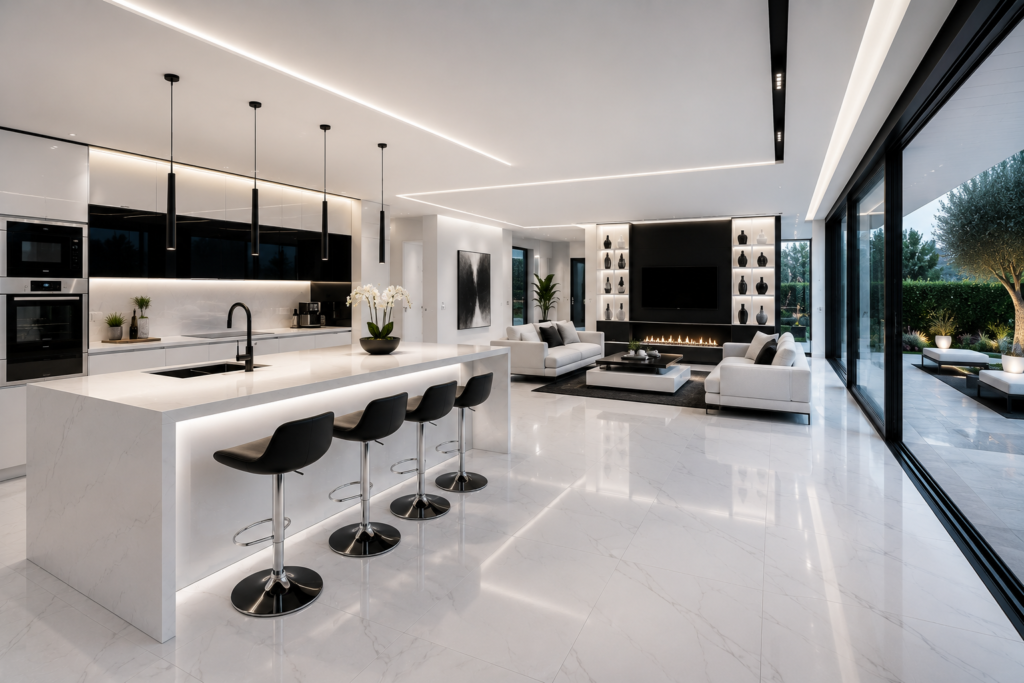Cuisine contemporaine avec îlot central et séjour – aménagement intérieur haut de gamme