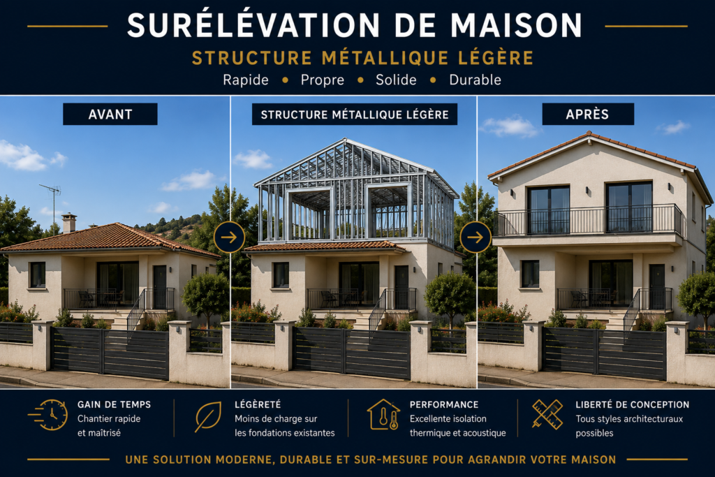 Surélévation d’une maison en structure métallique légère – avant, ossature acier galvanisé en cours de réalisation et maison terminée avec étage et balcon.
